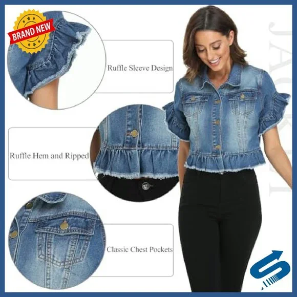 Cropped Denim Jacket with Ruffle Sleeves, Distressed Hem, Stretch Fit - Picture 5 of 8